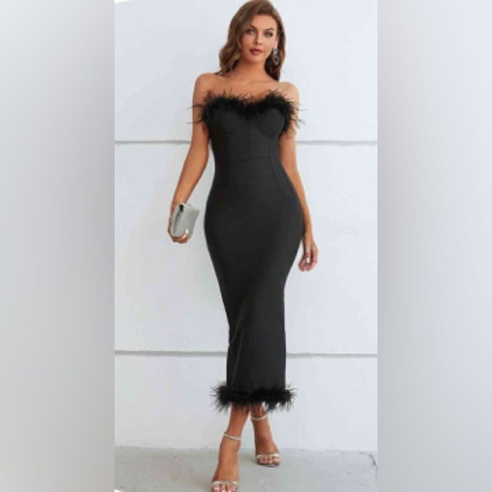 Feather Trim Strapless Sweetheart Neck Dress - Picture 2 of 2